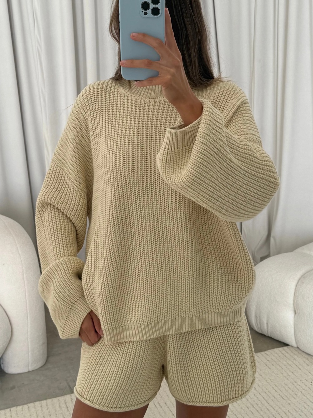 Cream Ribbed Crewneck Sweater & Knit Shorts Set